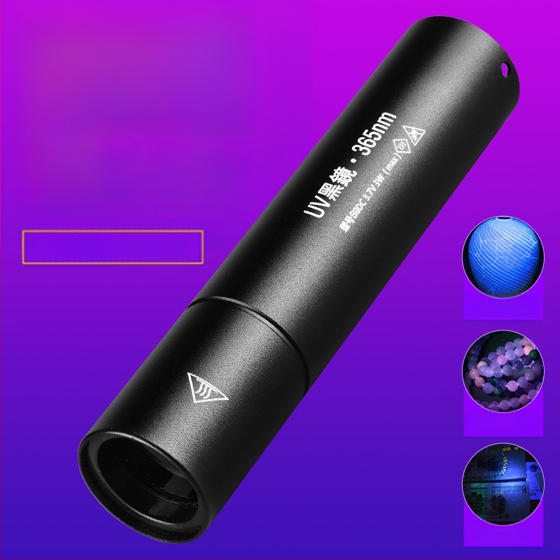 Įkraunama UV Wood's lemputė 365 nm su LED šviesa fluorescencijos aptikimui, aliuminio lydinio korpusas, 800 mAh baterija, įkroviklis įtrauktas