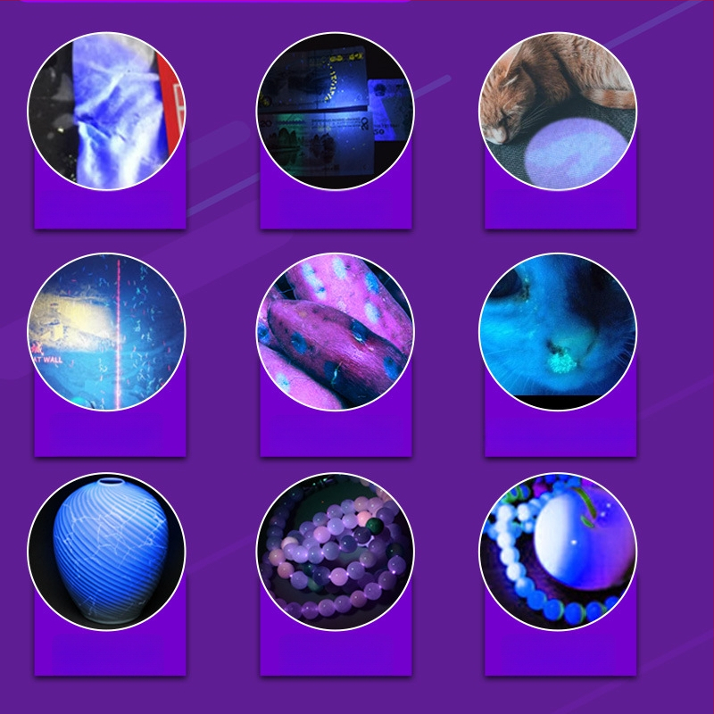 Įkraunama UV Wood's lemputė 365 nm su LED šviesa fluorescencijos aptikimui, aliuminio lydinio korpusas, 800 mAh baterija, įkroviklis įtrauktas