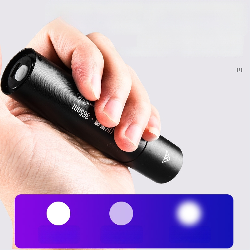 Įkraunama UV Wood's lemputė 365 nm su LED šviesa fluorescencijos aptikimui, aliuminio lydinio korpusas, 800 mAh baterija, įkroviklis įtrauktas
