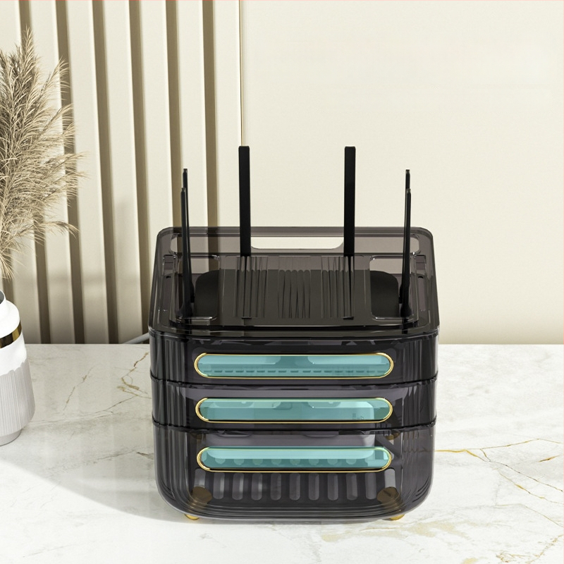 Routerio saugyklos dėžutė – 3 aukštų stalinis organizatorius maršrutizatoriui, modemiui ir set‑top dėžei, dulkių atsparus, plastikas, be montavimo ir gręžimo, šviesos prabangos stilius