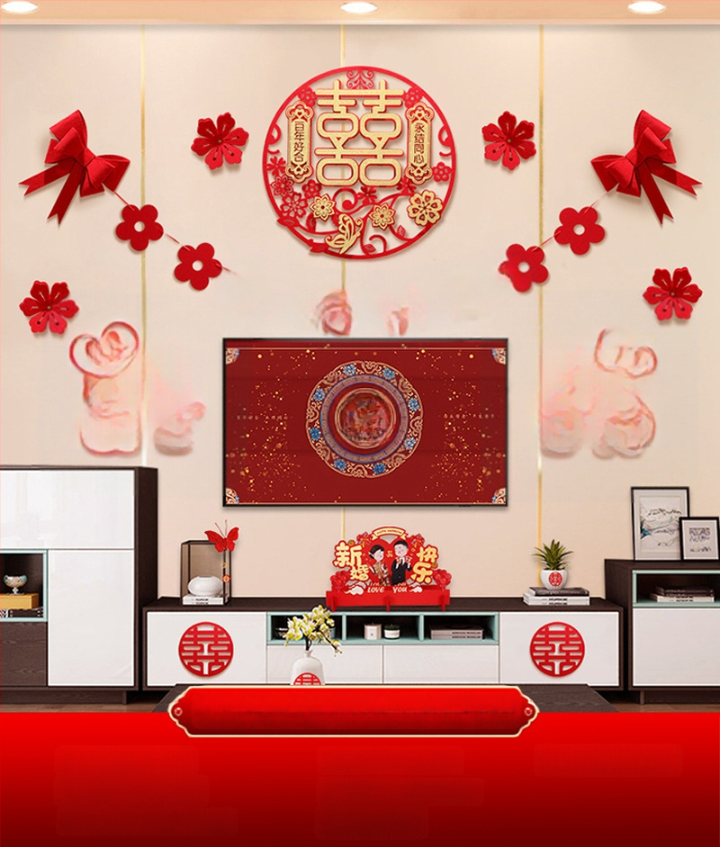 Vestuvinė sieninė dekoracija iš nepluošto audinio – Xi ženklas, skirta svetainei ir miegamajam, prekinis ženklas Aili Sha, kodas 0178