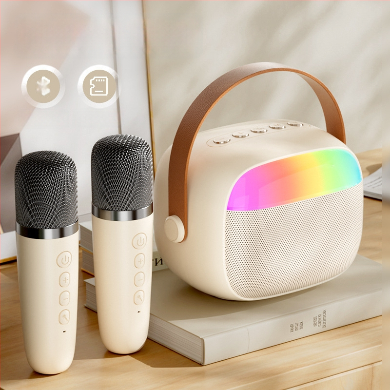 Vaikams skirtas Bluetooth karaoke garsiakalbis su mikrofonu, kompakti bevielis garsiakalbis, Bluetooth 5.3, 5W, dažnis 100 Hz–20 kHz, įmontuota baterija 800–1000 mAh, veikimo atstumas 5 m