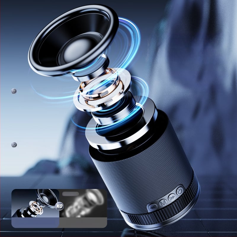 Kompakti Bluetooth garsiakalbis su siurbimo kilpeli – aukštas garso lygi, gilus basas, Bluetooth 5.3, įmontuota baterija 300–500 mAh, 5W, dažnių diapazonas 100 Hz–20 kHz, veikimo nuotolis 10 m