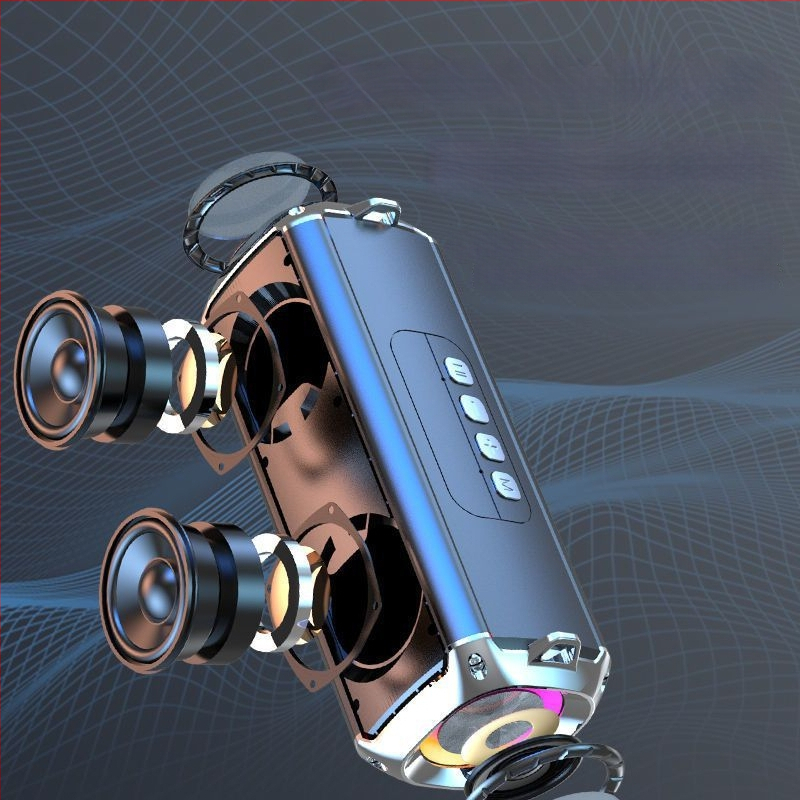 Bluetooth stereo garsiakalbis su dviems draiveriais, galingas bosas; 10W galia, Bluetooth 5.3, 1000-1200mAh baterija, IPX3 atsparumas vandeniui, dažnio diapazonas 100Hz-20kHz