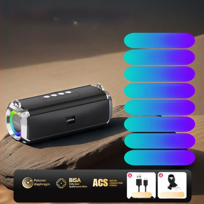 Bluetooth stereo garsiakalbis su dviems draiveriais, galingas bosas; 10W galia, Bluetooth 5.3, 1000-1200mAh baterija, IPX3 atsparumas vandeniui, dažnio diapazonas 100Hz-20kHz