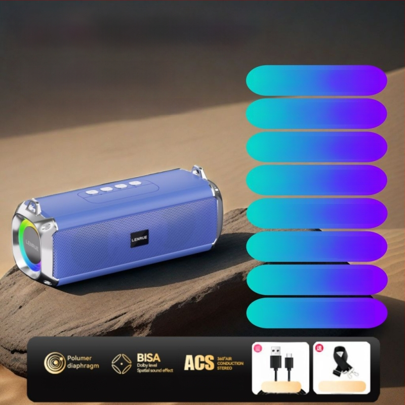 Bluetooth stereo garsiakalbis su dviems draiveriais, galingas bosas; 10W galia, Bluetooth 5.3, 1000-1200mAh baterija, IPX3 atsparumas vandeniui, dažnio diapazonas 100Hz-20kHz