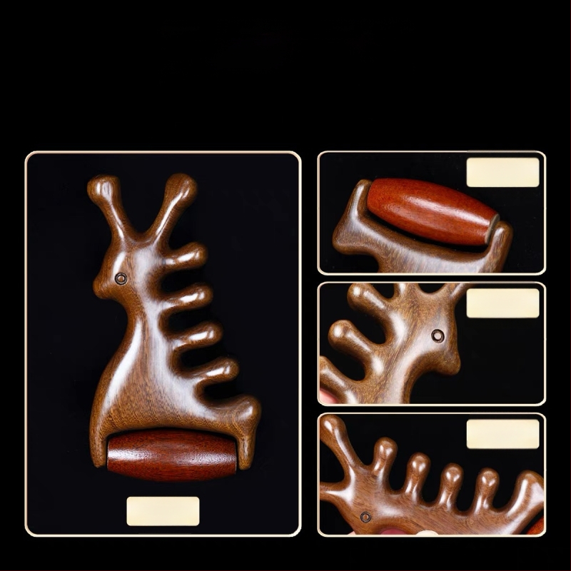 Koka masāžas ķemme ar santalkoku – meridiānu masāža galvai un sejai, 4-in-1 sejas rolītis un gua sha masieris