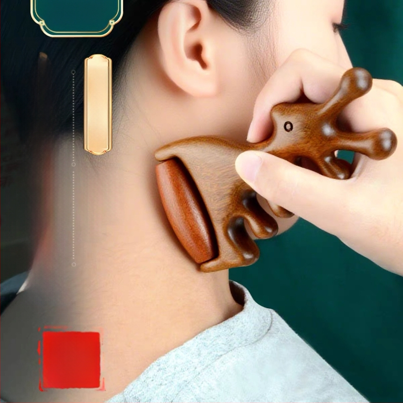 Koka masāžas ķemme ar santalkoku – meridiānu masāža galvai un sejai, 4-in-1 sejas rolītis un gua sha masieris