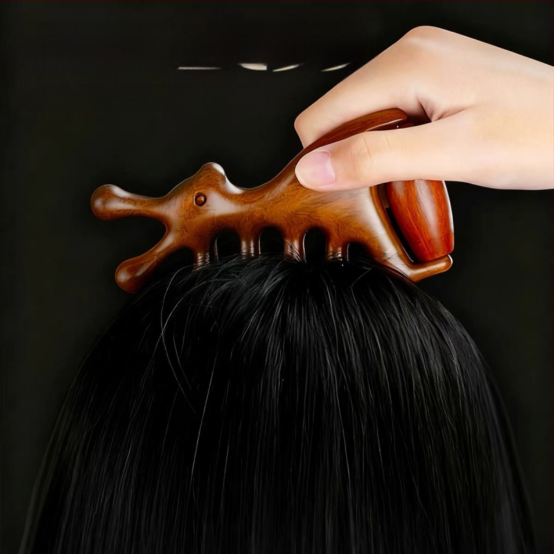 Koka masāžas ķemme ar santalkoku – meridiānu masāža galvai un sejai, 4-in-1 sejas rolītis un gua sha masieris