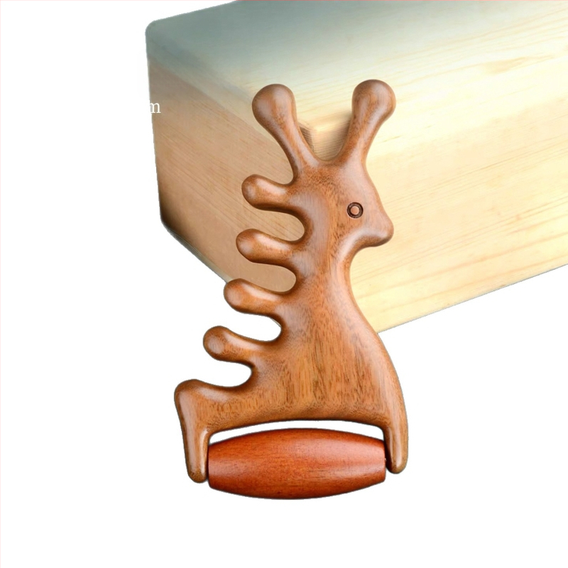 Koka masāžas ķemme ar santalkoku – meridiānu masāža galvai un sejai, 4-in-1 sejas rolītis un gua sha masieris