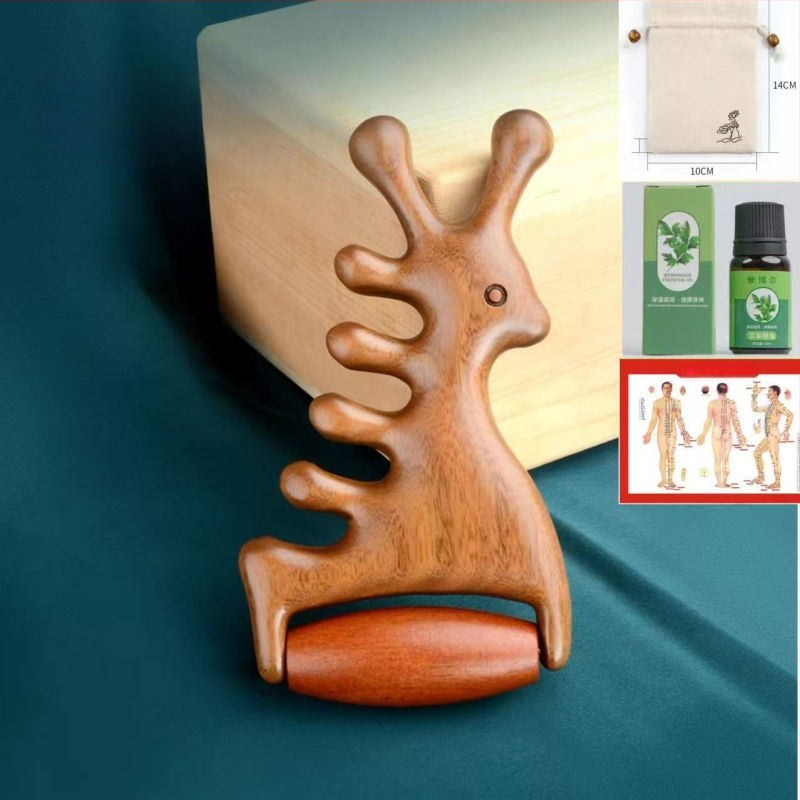 Koka masāžas ķemme ar santalkoku – meridiānu masāža galvai un sejai, 4-in-1 sejas rolītis un gua sha masieris