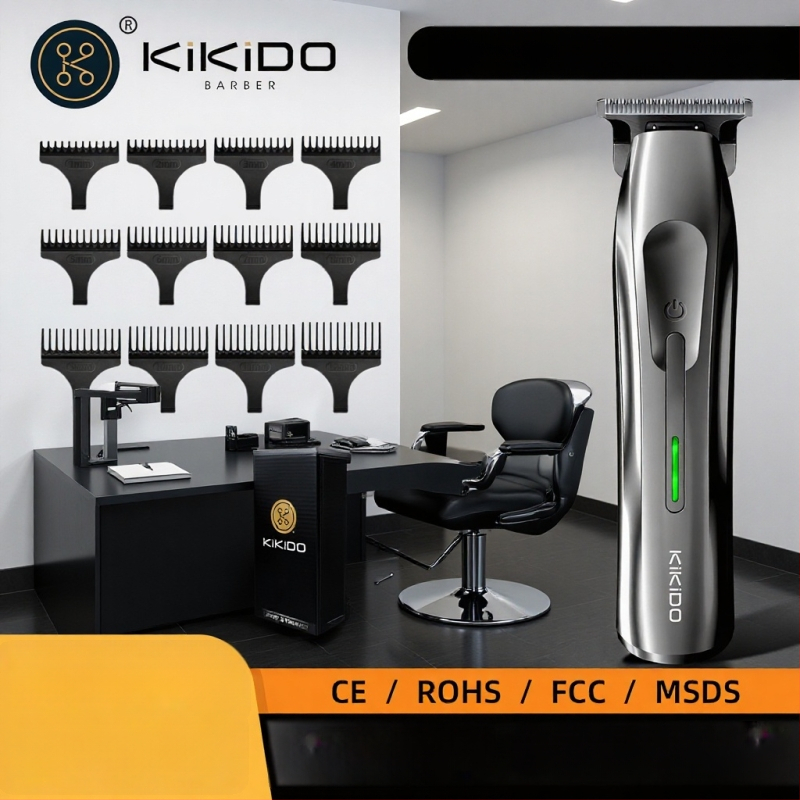 Kikido 312 elektriskais matu griezējs ar keramikas asinīm, iekšējā akumulatora jauda 1200–2000 mAh, trokšņa līmenis 36–45 dB, atdalāma un mazgājamā griešanas galviņa, ar birstēm motoru, elektroplātēts korpuss