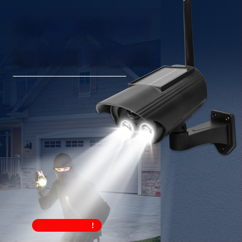 Saulės energijos judėjimo jutiklio apšvietimas su simuliuojama kamera, vidaus ir lauko naudojimui, infraraudonųjų spindulių naktinis matymas iki 5 m, ABS plastikas korpusas, įtampa 3,7V, veikimo temperatūra -5°C–55°C