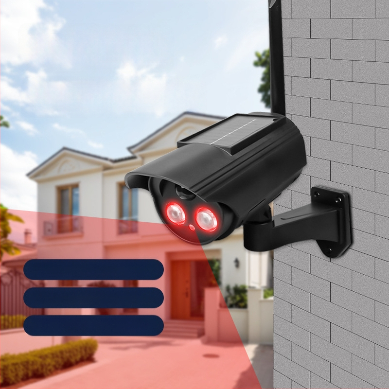 Saulės energijos judėjimo jutiklio apšvietimas su simuliuojama kamera, vidaus ir lauko naudojimui, infraraudonųjų spindulių naktinis matymas iki 5 m, ABS plastikas korpusas, įtampa 3,7V, veikimo temperatūra -5°C–55°C