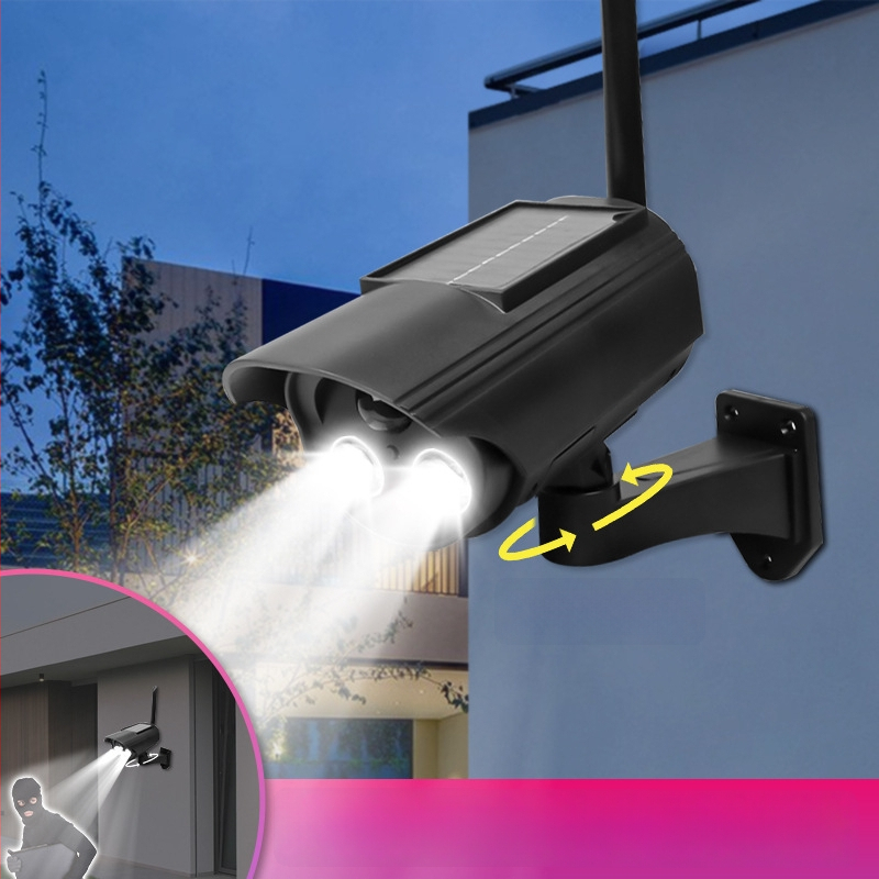 Saulės energijos judėjimo jutiklio apšvietimas su simuliuojama kamera, vidaus ir lauko naudojimui, infraraudonųjų spindulių naktinis matymas iki 5 m, ABS plastikas korpusas, įtampa 3,7V, veikimo temperatūra -5°C–55°C