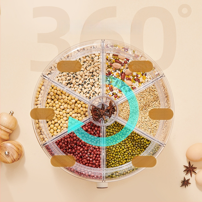 Grūdų laikymo dėžė su besisukančiu pertvara, nuo kenkėjų ir drėgmės apsaugota, uždaryta, apvali forma, talpa >5 L