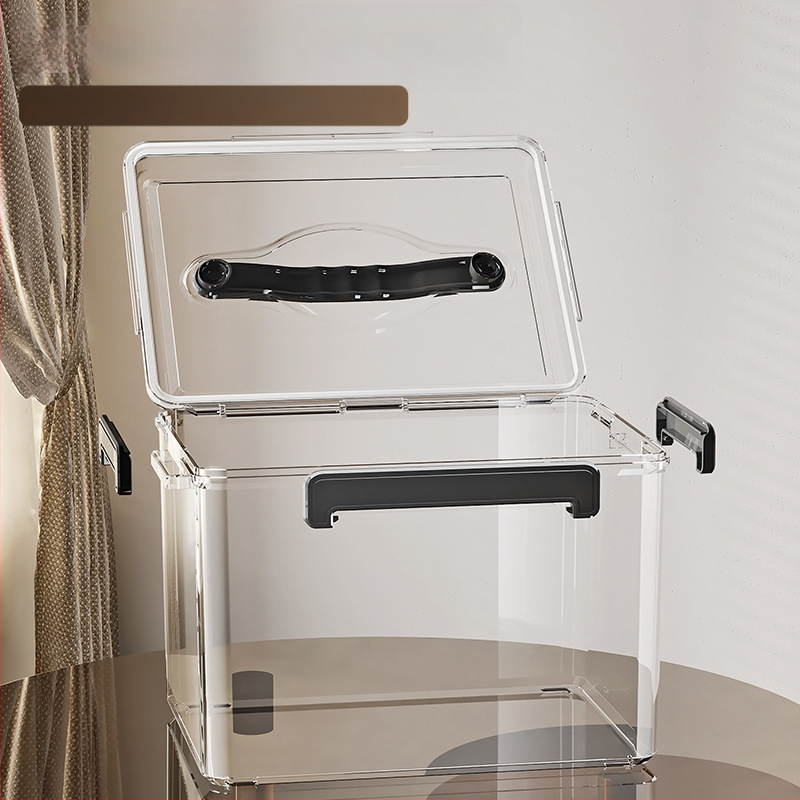 Uždaroma skaidri PET laikymo dėžė su rankena — storinto dizaino, tinkama namams ir biurui, atspari dulkėms ir drėgmei.