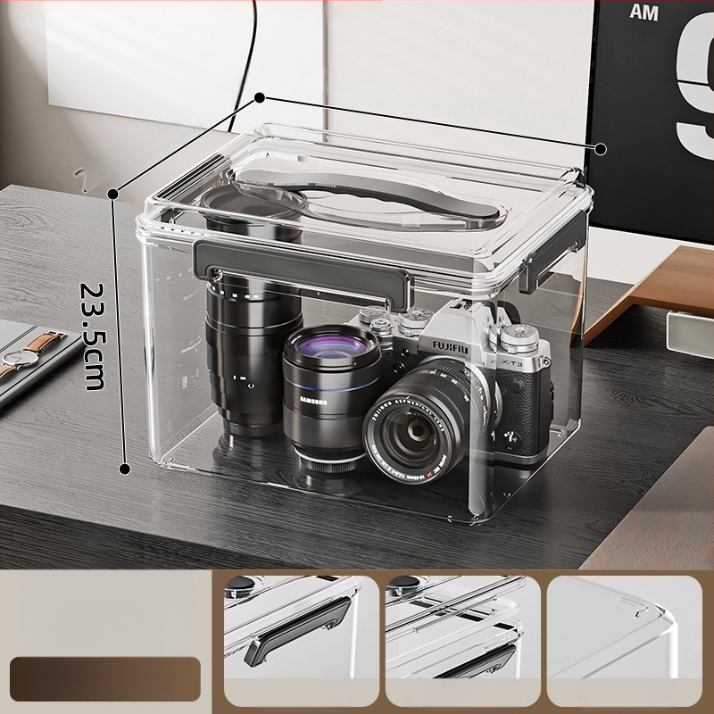 Uždaroma skaidri PET laikymo dėžė su rankena — storinto dizaino, tinkama namams ir biurui, atspari dulkėms ir drėgmei.