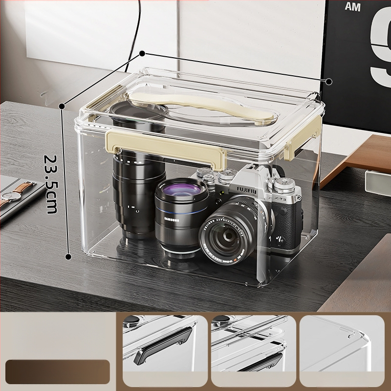 Uždaroma skaidri PET laikymo dėžė su rankena — storinto dizaino, tinkama namams ir biurui, atspari dulkėms ir drėgmei.