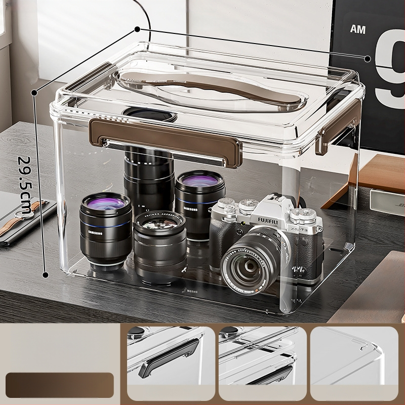 Uždaroma skaidri PET laikymo dėžė su rankena — storinto dizaino, tinkama namams ir biurui, atspari dulkėms ir drėgmei.