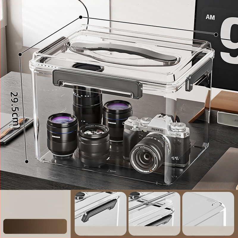 Uždaroma skaidri PET laikymo dėžė su rankena — storinto dizaino, tinkama namams ir biurui, atspari dulkėms ir drėgmei.