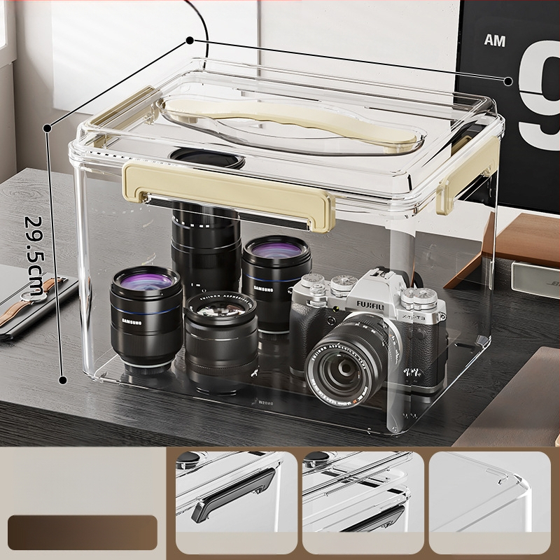 Uždaroma skaidri PET laikymo dėžė su rankena — storinto dizaino, tinkama namams ir biurui, atspari dulkėms ir drėgmei.