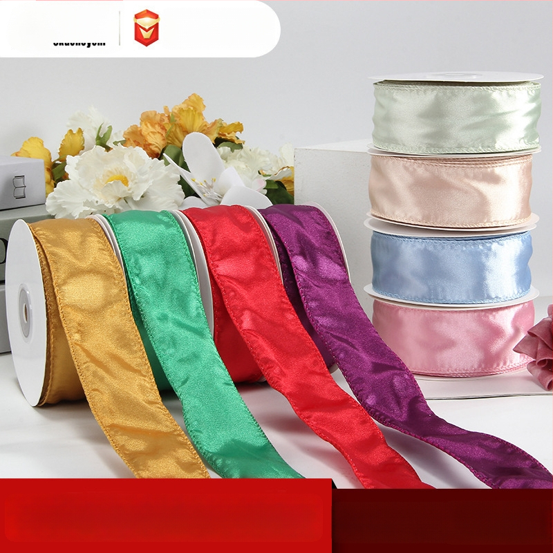 Satīna lente ar stieples malas, vienpusēja spīdīga, poliesters, zīmols Ckacheychi/khakiqi, Ziemassvētku dekorācijām, dāvanu iesaiņošanai, pušķu veidošanai