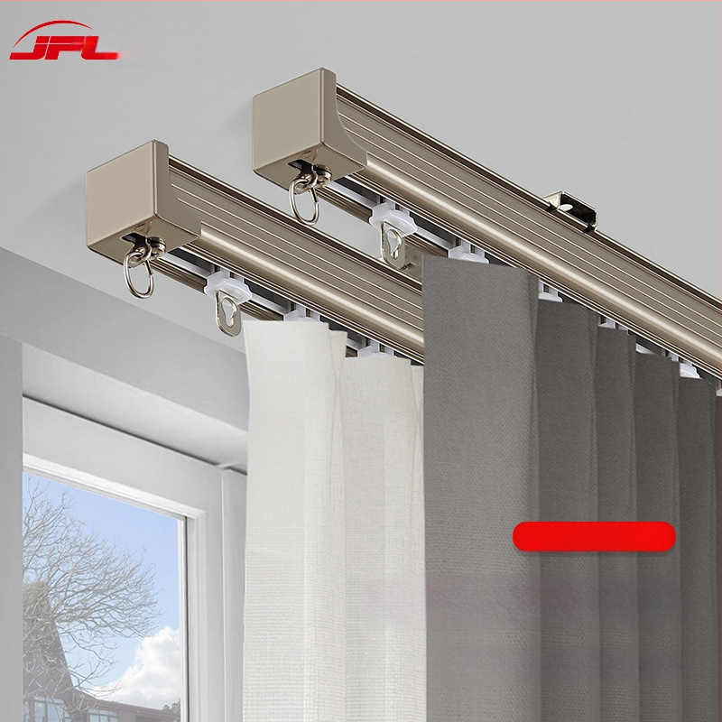 Aliuminio užuolaidų bėgelis – dvigubas bėgelis, tylus slydimas, modelis JFL-F05, montavimo tipas: pakabinamas