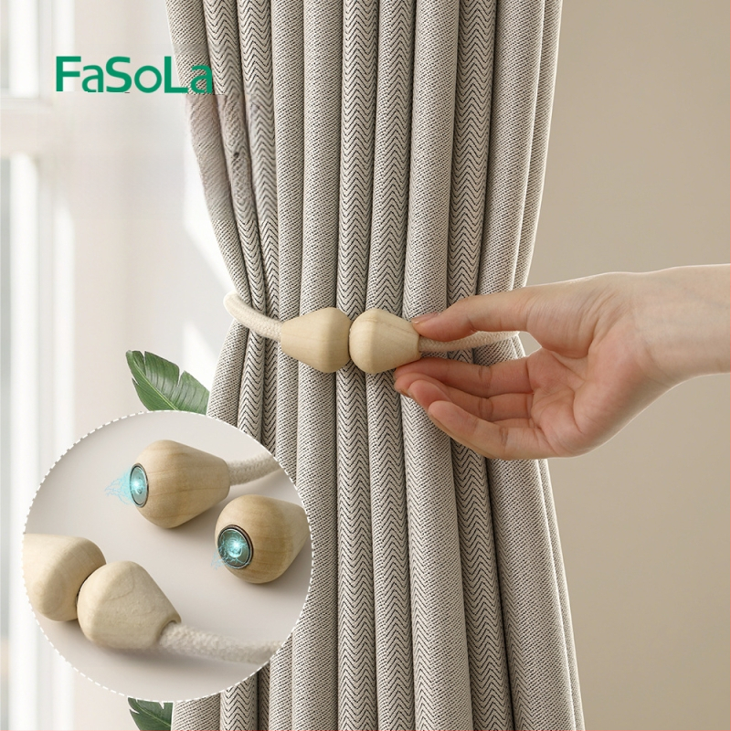 Užuolaidų juostos su magnetine sagtimi, iš masyvaus medžio, retųjų žemių magnetas ir medvilninis virvas