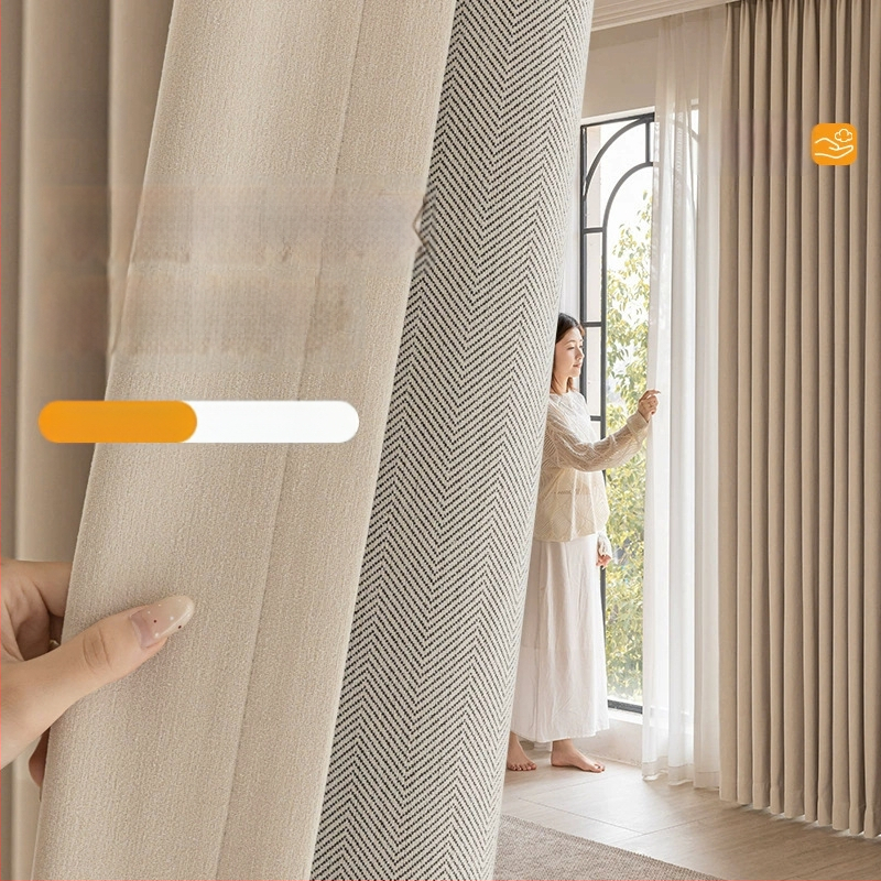 Dvigubos Chenille užuolaidos su herringbone tekstūra, užuolaidų tamsinimas 70–90%, kreminis stilius