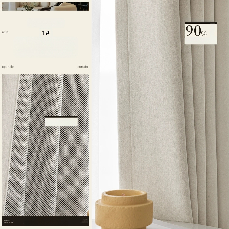 Dvigubos Chenille užuolaidos su herringbone tekstūra, užuolaidų tamsinimas 70–90%, kreminis stilius