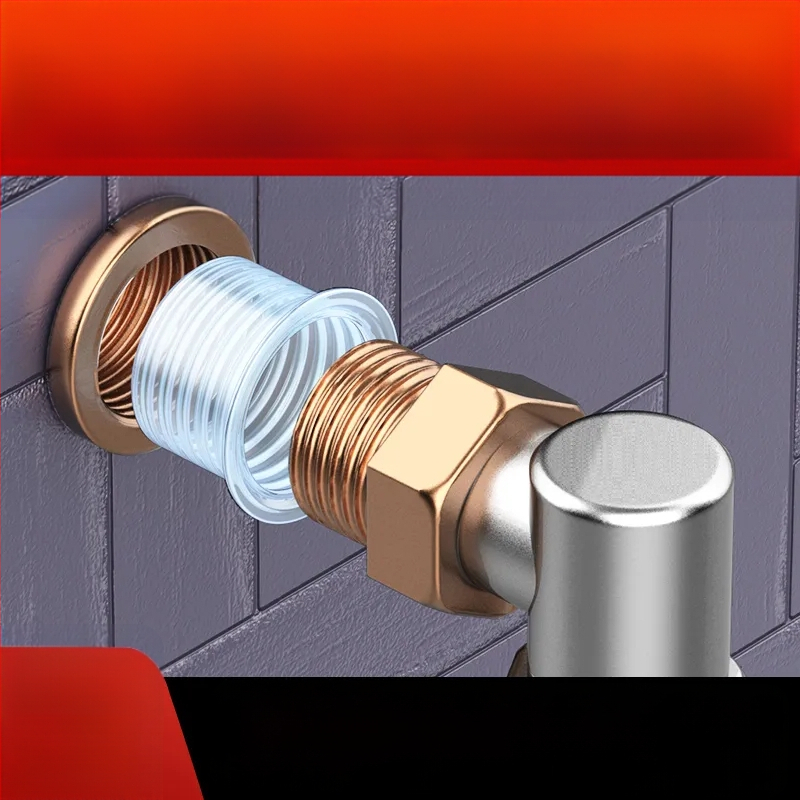 Plastikinis kampinis čiaupas su tarpikliu ir vandens įėjimo vamzdeliu — šiuolaikinio minimalistinio stiliaus