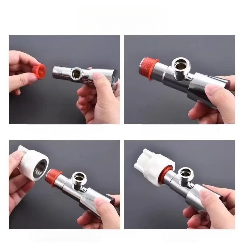 Plastikinis kampinis čiaupas su tarpikliu ir vandens įėjimo vamzdeliu — šiuolaikinio minimalistinio stiliaus