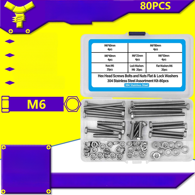 80 vnt. iš nerūdijančio plieno 304 išorinių šešiakampių varžtų rinkinys su plokščiomis tarpinėmis, spyruoklinėmis tarpinėmis ir veržlėmis DIN 933
