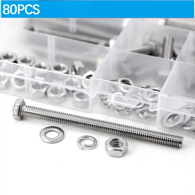 80 vnt. iš nerūdijančio plieno 304 išorinių šešiakampių varžtų rinkinys su plokščiomis tarpinėmis, spyruoklinėmis tarpinėmis ir veržlėmis DIN 933