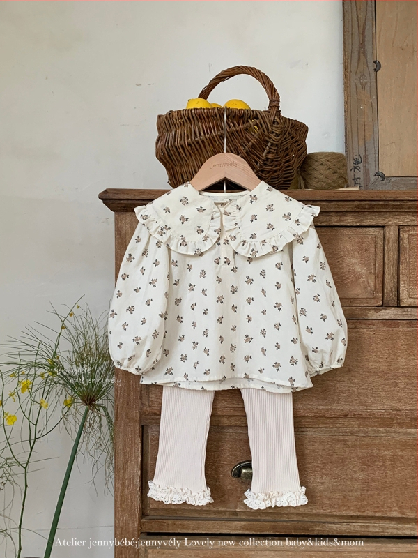 Beebitüdrukute puuvillane särk - Korea stiilis, lilleline ääristus kaeluses, pikkade varrukatega, 100% puuvill, 1–3 aastat