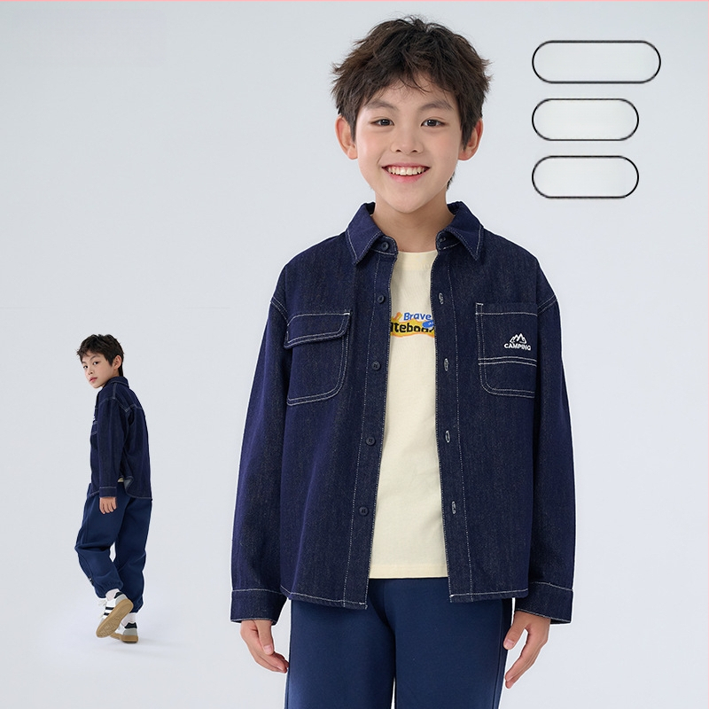 Vaikų džinsinė striukė iš medvilnės mišinio – unisex, vienos eilės mygtukų užsegimas, raidžių raštas, švelnus paviršius, pavasaris-ruduo, 3–8 m.