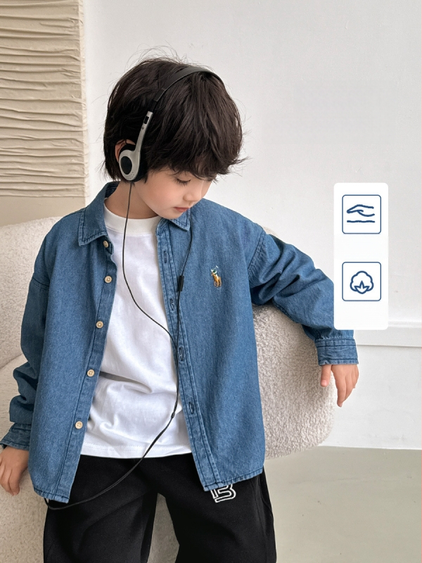 Vaikų džinsiniai marškiniai su ilgomis rankovėmis, Korėjietiško stiliaus, 100% medvilnė, tinkami pavasariui ir rudeniui