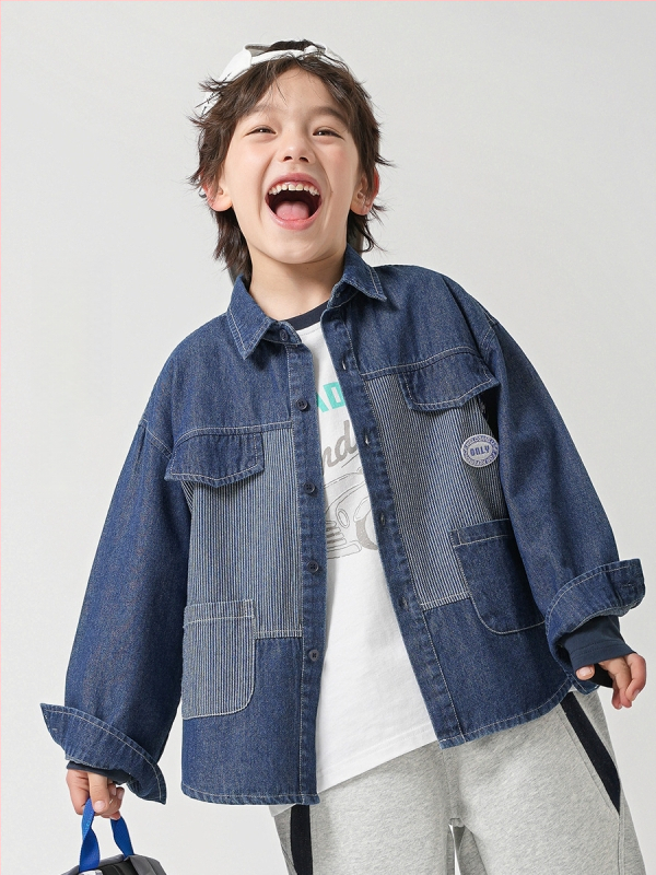 Berniukų džinsiniai marškiniai, medvilnės mišinio audinys, ilgomis rankovėmis, apykaklė su reveru, švelnus paviršius