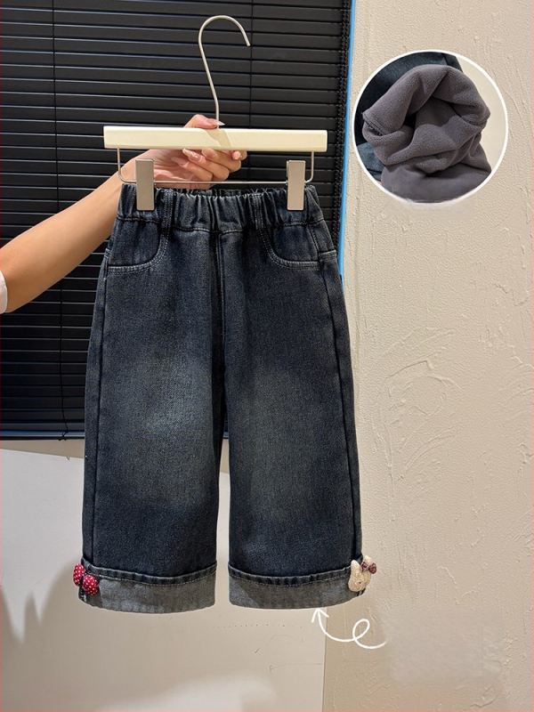 Tüdrukute teksapüksid fleecevoodriga, Korea stiilis, keskjoonel elastne vöö, karikatüürimuster, 3–8 aastat, sügis