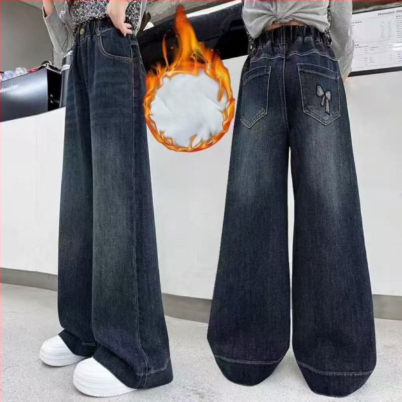 Džinsa platās bikses ar fleece oderi, vidēja auguma josta ar elastīgu aizdari, garas līdz grīdai, biezs audums, svītru un rakstainu rakstu