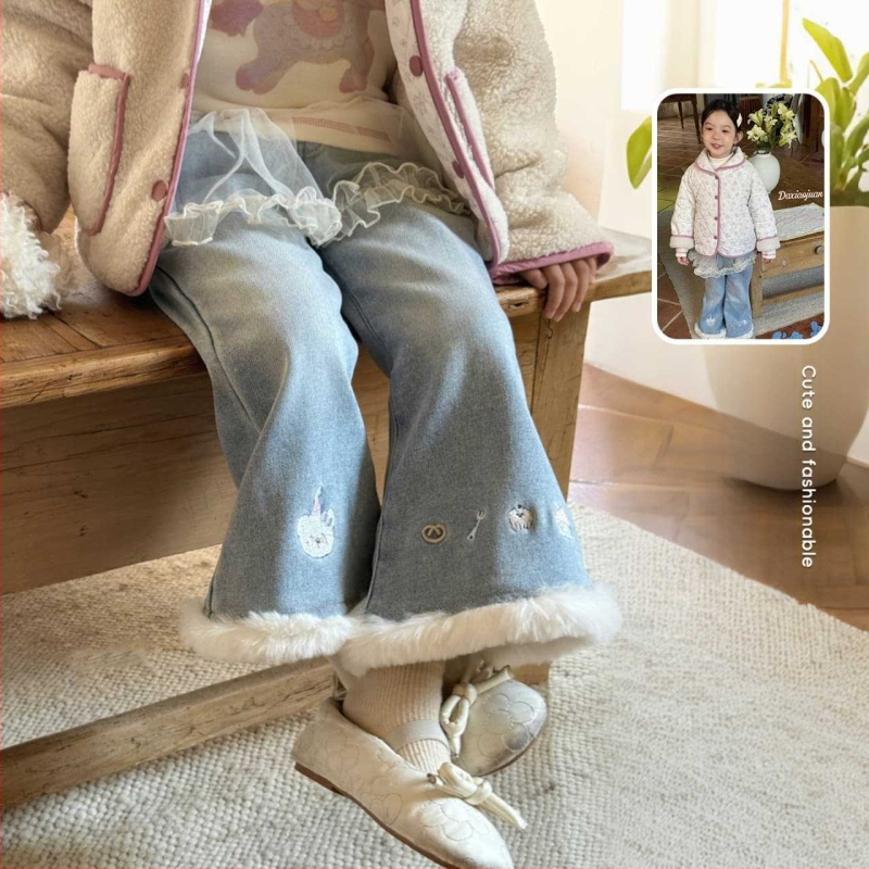 Laste džinspüksid laienenud silueti karikatuuride õmblusega, talvine veluurvooder, 86% puuvill, Korea-stiil põhieesmärk