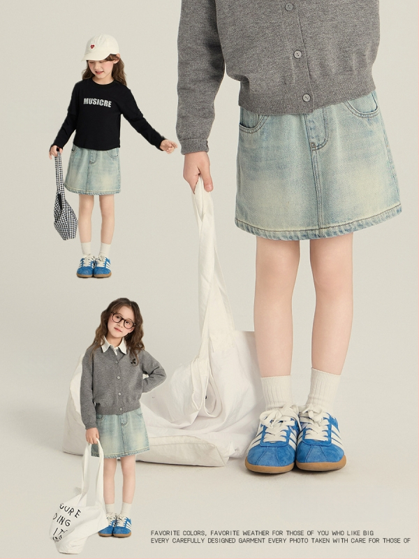 Mergaitėms džinsinis A linijos sijonas, Korėjos stiliaus, 88% medvilnė, 9% poliesteris, 3% viskozė, nylono pamušalas, amžius 3–8 metai