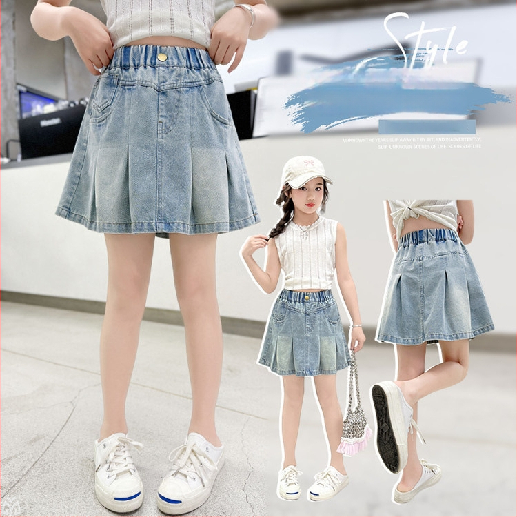 Mergaitėms džinsinės A-linijos sijonas, vienos spalvos, vasara 2025, nuo 8 metų