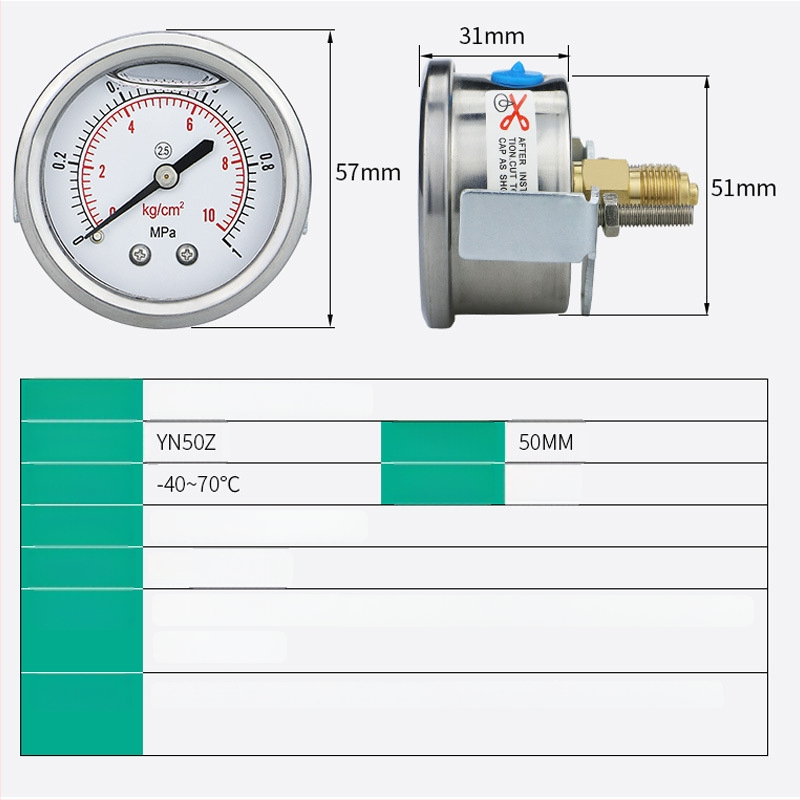 Seismi survemõõtja YN50Z aksiaalne, paneelile paigaldatav klipp-tüüpi lisavarustusega; aksiaalne keermeline ühendus; mõõtmisvahemik 0-60 ja -0,1-2,4; täpsusklass 2,5