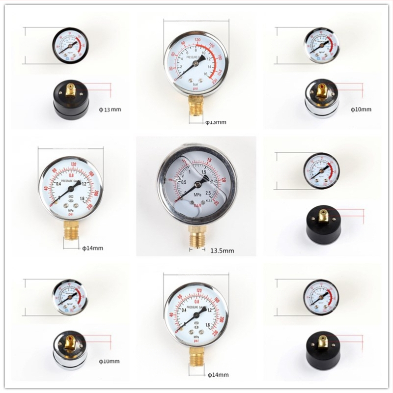 Diaphragma rõhu manomeeter õhukompressorile, mõõtmisvahemik 0–1.6 MPa, täpsus 0.1 MPa, keermestatud ühendus, Ø42 mm
