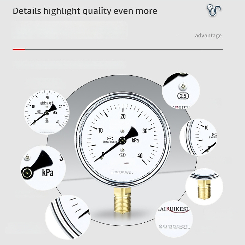YE100 membraan-manomeeter läbipaistva resinist esiküljega, ühendus M20×1.5, vahemik -100…100 kPa, täpsusklass 2.5