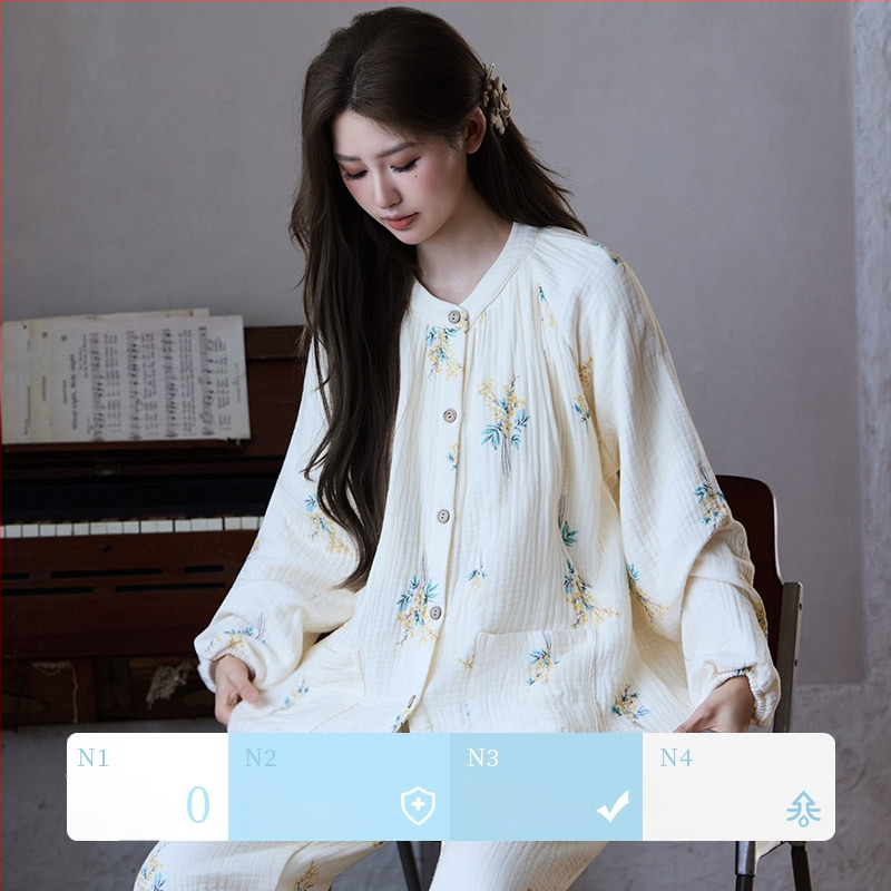 Nėščiųjų ir žindymo pižama iš medvilninės marlės – keturi sluoksniai, ilgos rankovės, apvali kaklo linija, tanki 100% medvilnė, tinkama žiemai, pavasariui ir rudeniui.