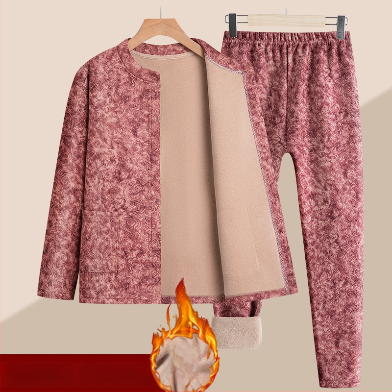 Termilise kardigani komplekt eakatele naistele – lillemustriga, Cloud warm velvet, pikkade varrukatega, ümmarguse kaelusega, 251–300 g/m2