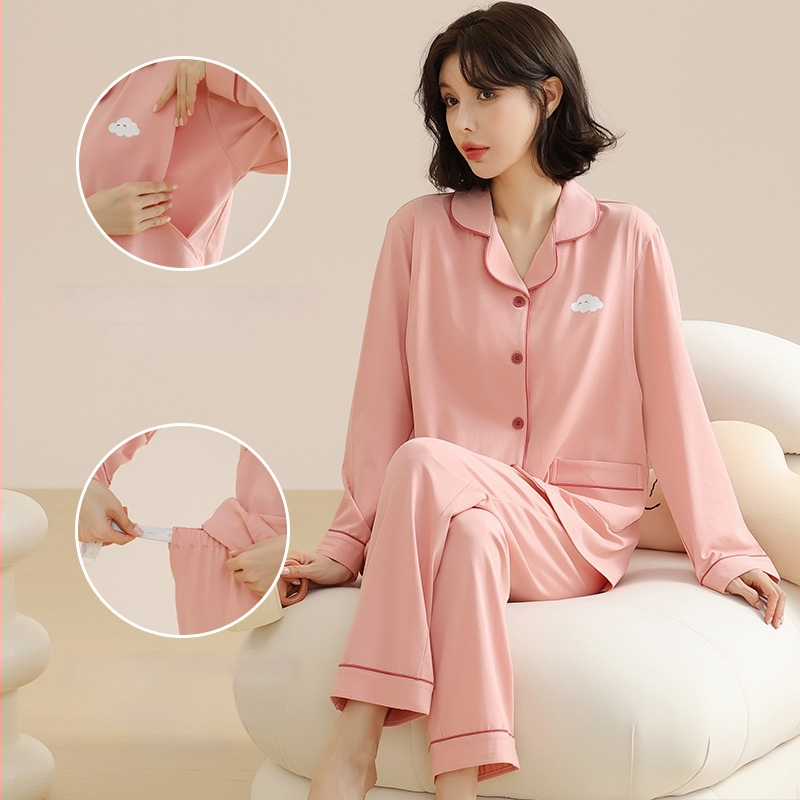 Nėščiųjų pižaminis komplektas su kardiganu maitindami – 100% medvilnė, ilgomis rankovėmis, ilgos kelnės, vidutinio tankio audinys, prekės ženklas Yubang